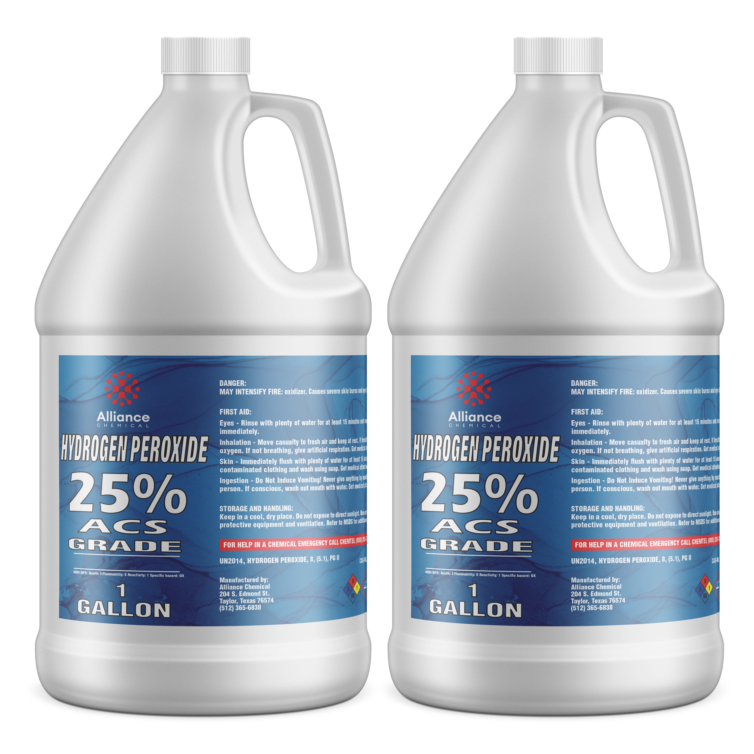 1-gallon HDPE jugs of Alliance Chemical 25% ACS-grade hydrogen peroxide with blue safety labels, NFPA diamond, and oxidizer warnings.